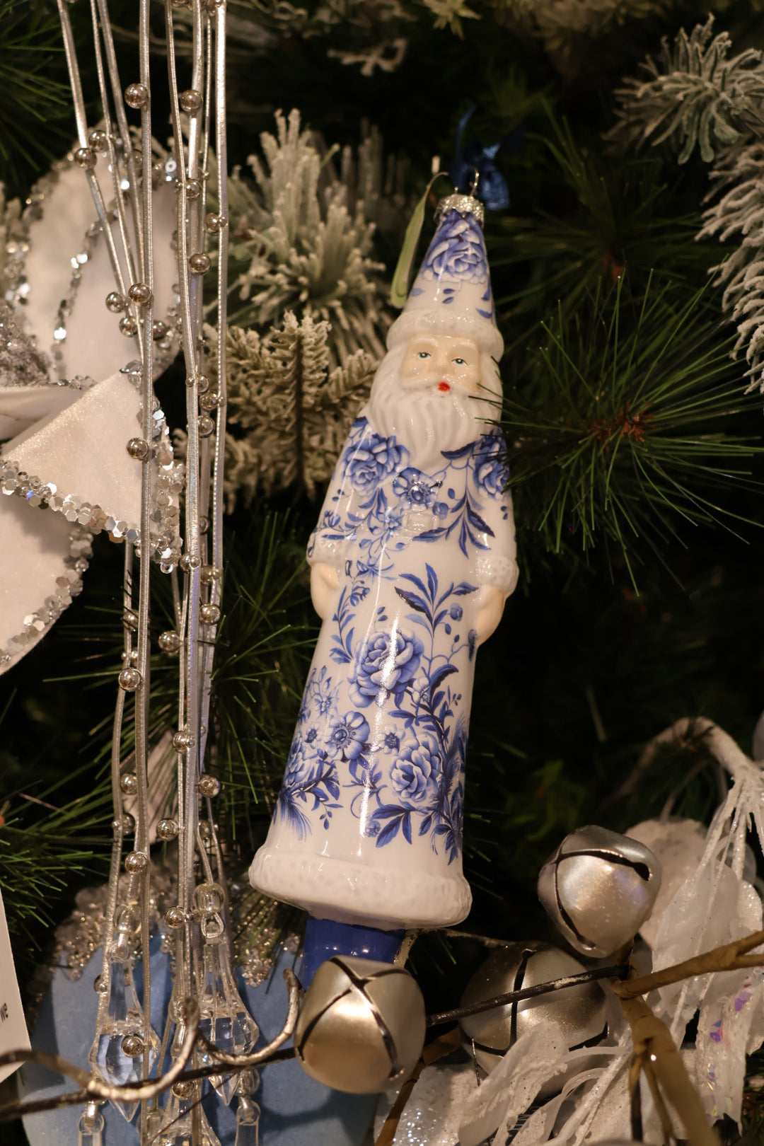Glass Floral Print Santa Ornament
