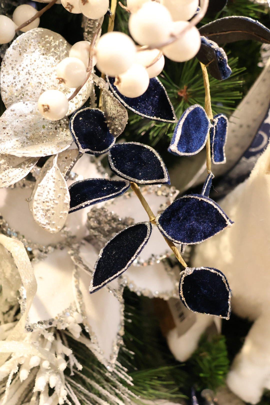 Midnight Blue Velvet Glitter Ruscus Spray