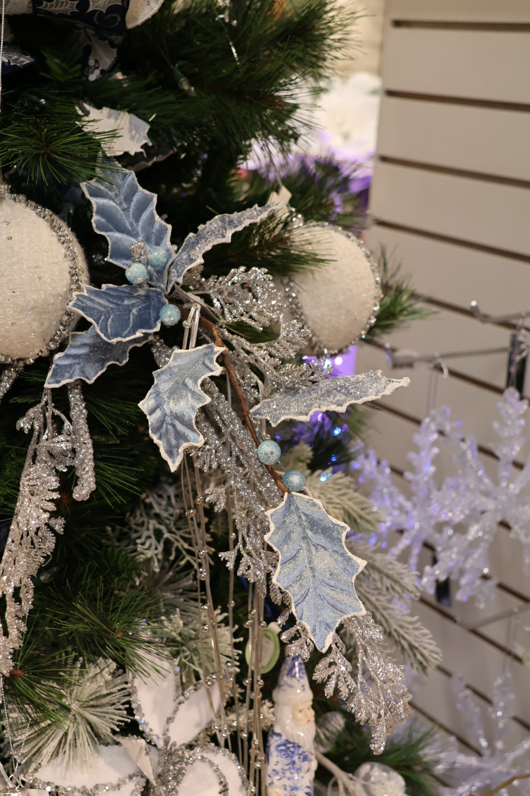 Silver Blue Glitter Sequin Holly Spray
