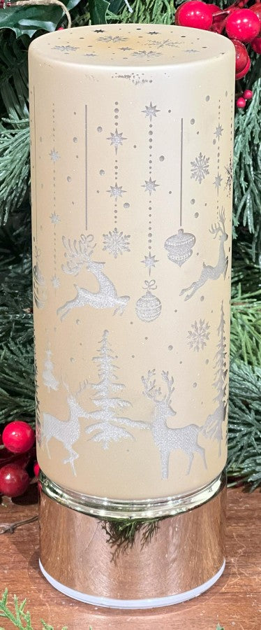 Close-up of gold rotating lighted luminary detail from Magnolias Home Decor