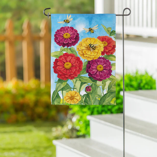 Zinnias & Bees Suede Garden Flag