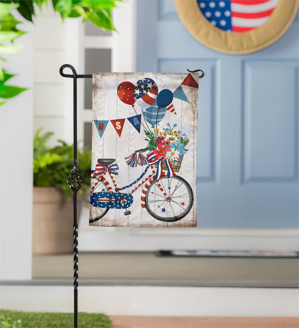 Red White & Bloom Bicycle Moire Garden Flag