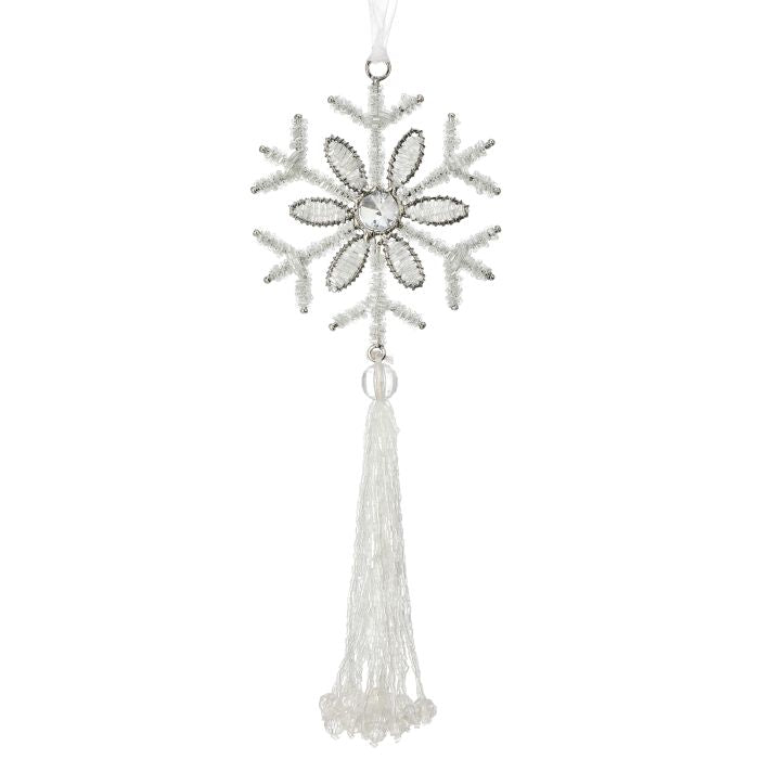 9" Silver Beaded Snowflake Ornament with Tassel