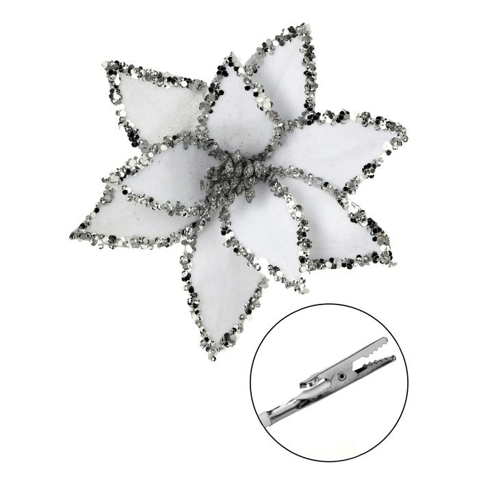 7.5" White Poinsettia Sequin Edge Clip