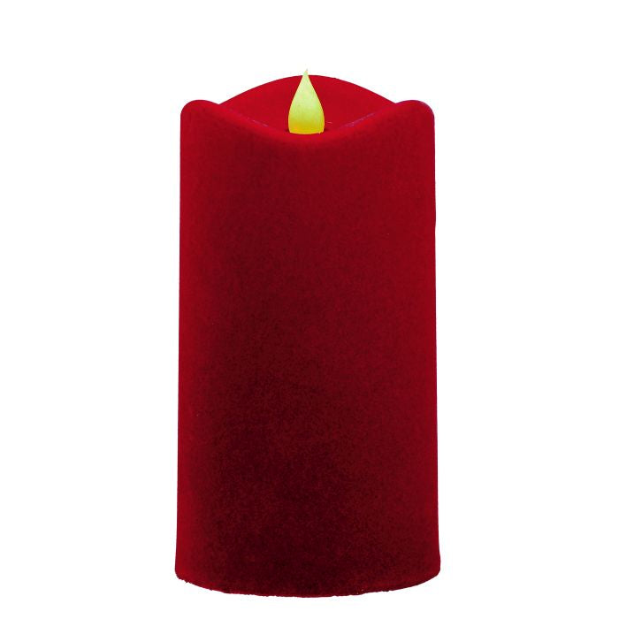 Close-up of 6" red led flocked pillar candle detail from Magnolias Home Decor