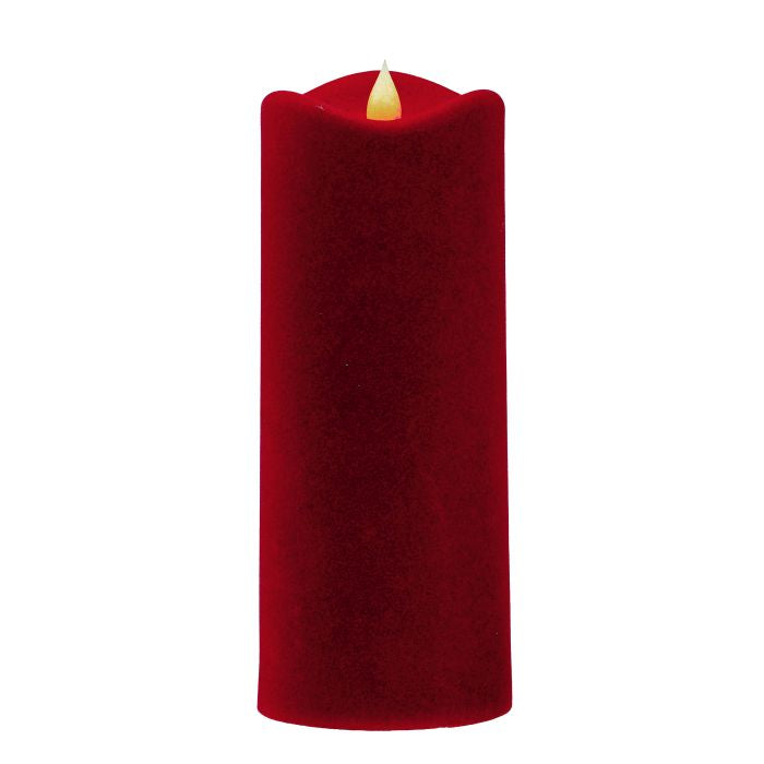 Close-up of 8" red led flocked pillar candle detail from Magnolias Home Decor