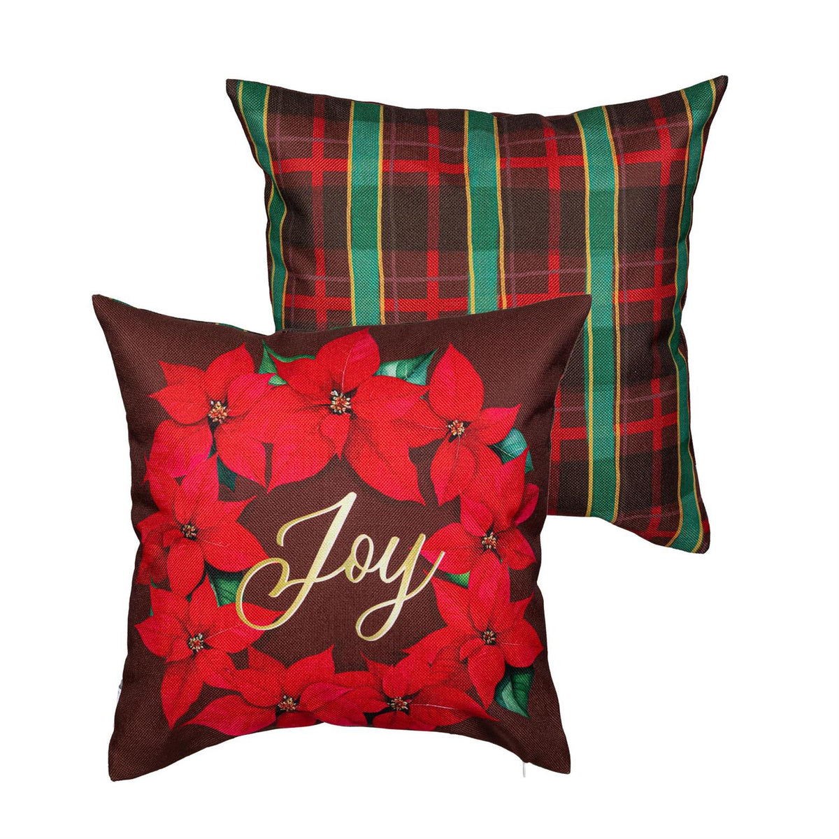 Close-up of plaid joy wreath pillow cover detail from Magnolias Home Decor