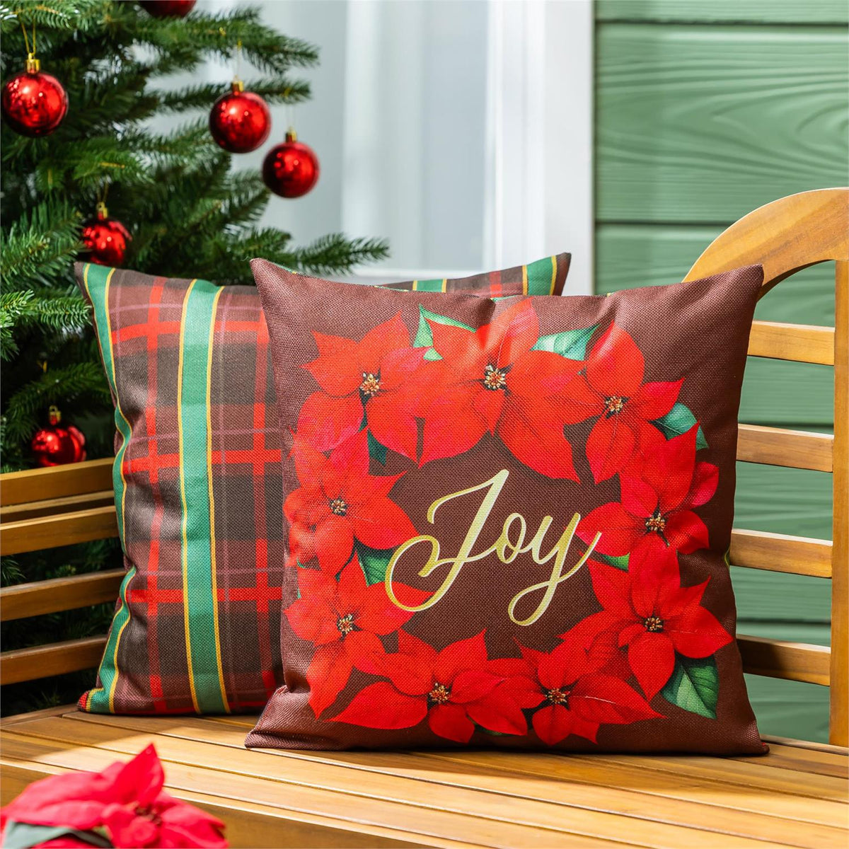 plaid joy wreath pillow cover for farmhouse christmas home decor from Magnolias Home Decor