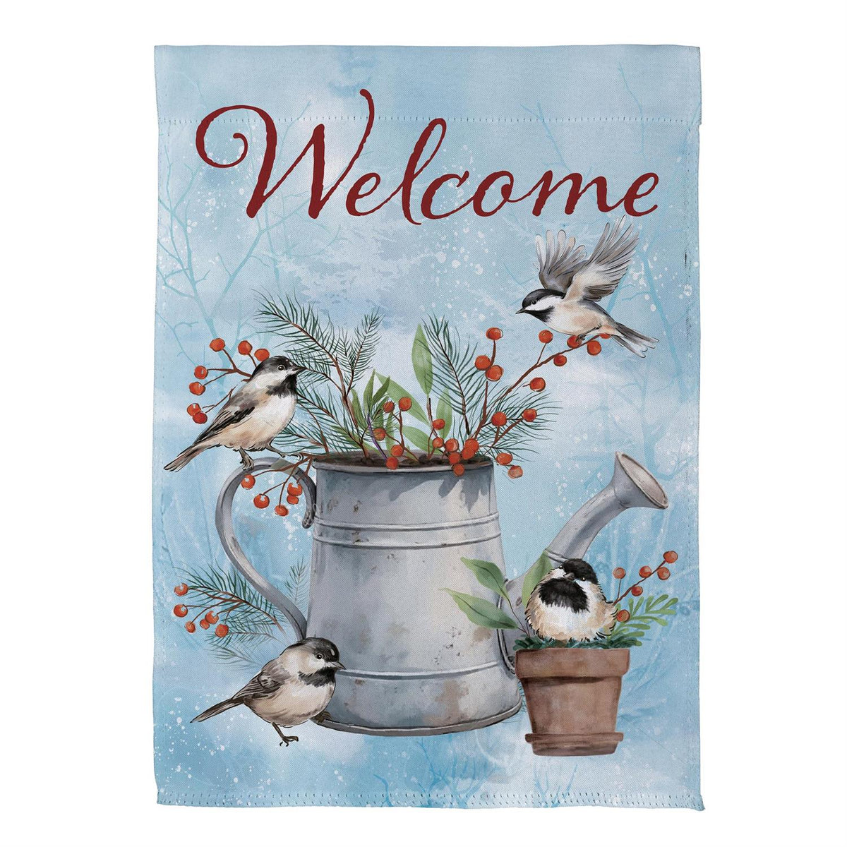 Close-up of snowbirds chickadee watering can suede garden flag detail from Magnolias Home Decor