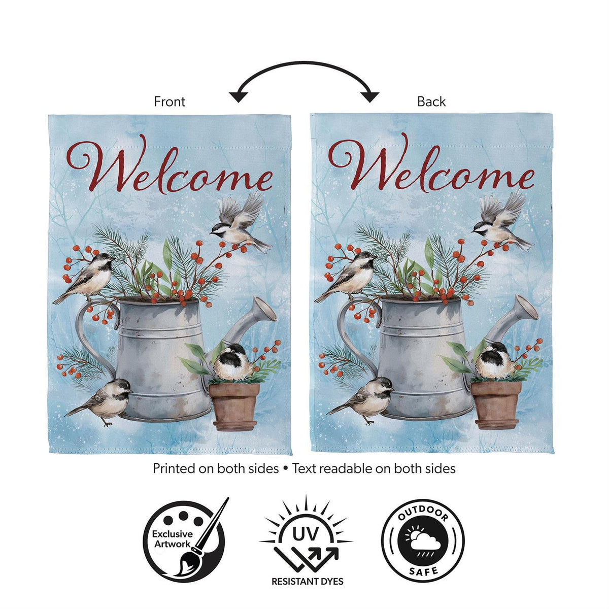 Snowbirds Chickadee Watering Can Suede Garden Flag view 4 from Magnolias Home Decor