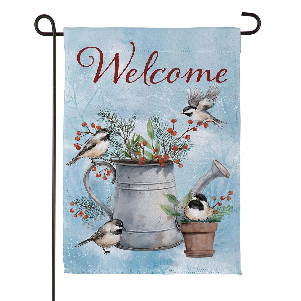 Snowbirds Chickadee Watering Can Suede Garden Flag view 6 from Magnolias Home Decor