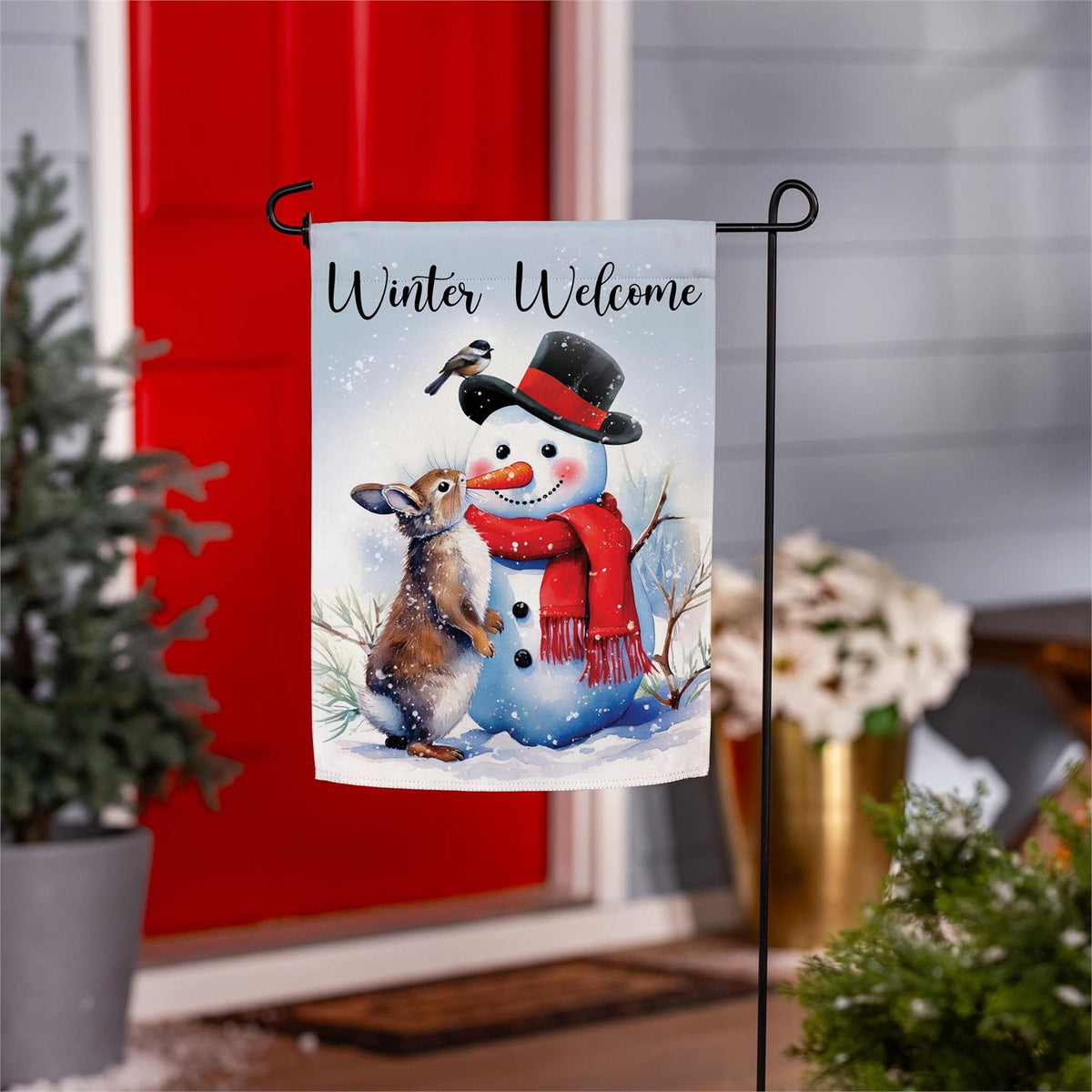 snowman & friends suede garden flag, outdoor safe, for farmhouse christmas home decor from Magnolias Home Decor