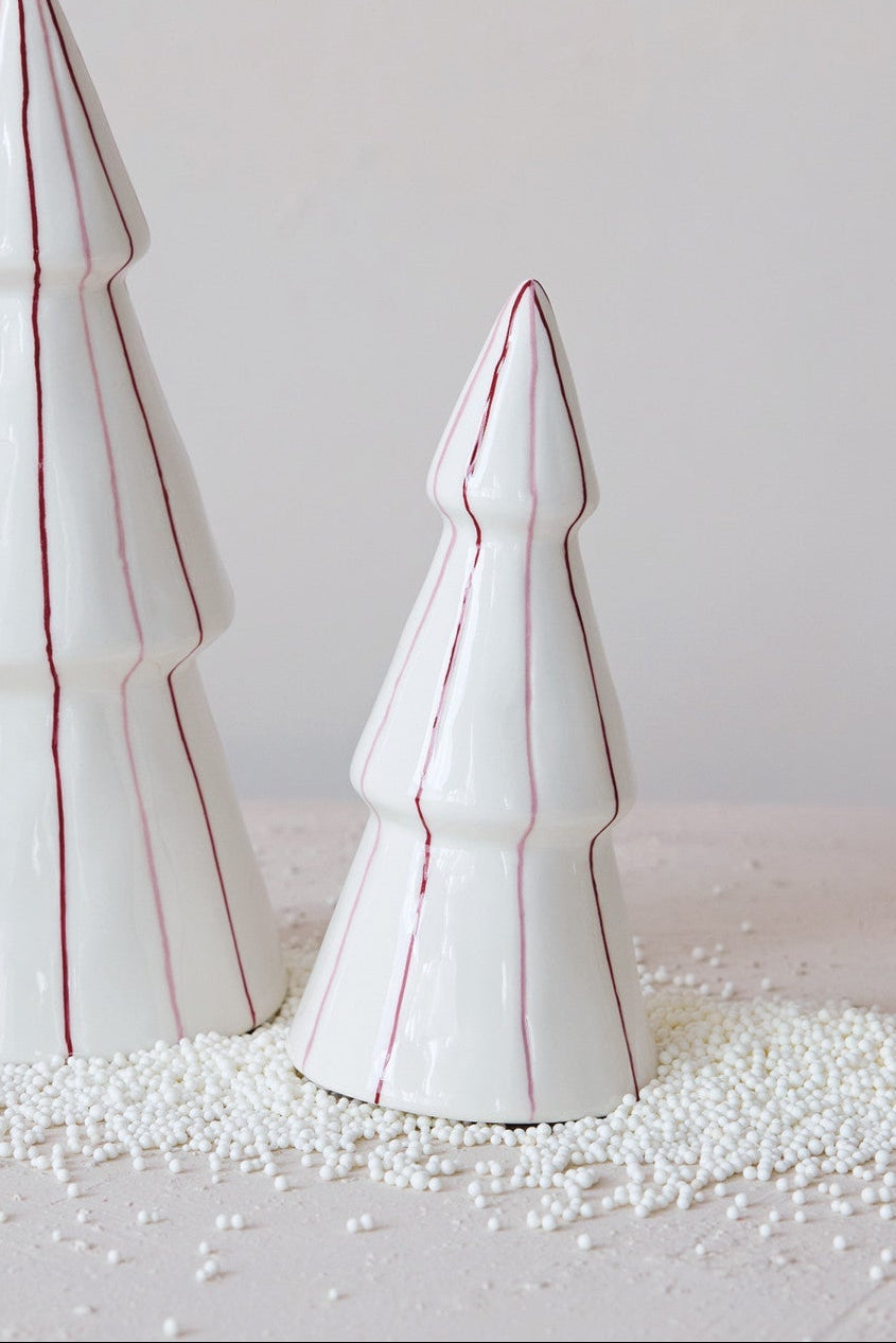 Small White Hand-Painted Stoneware Striped Tree