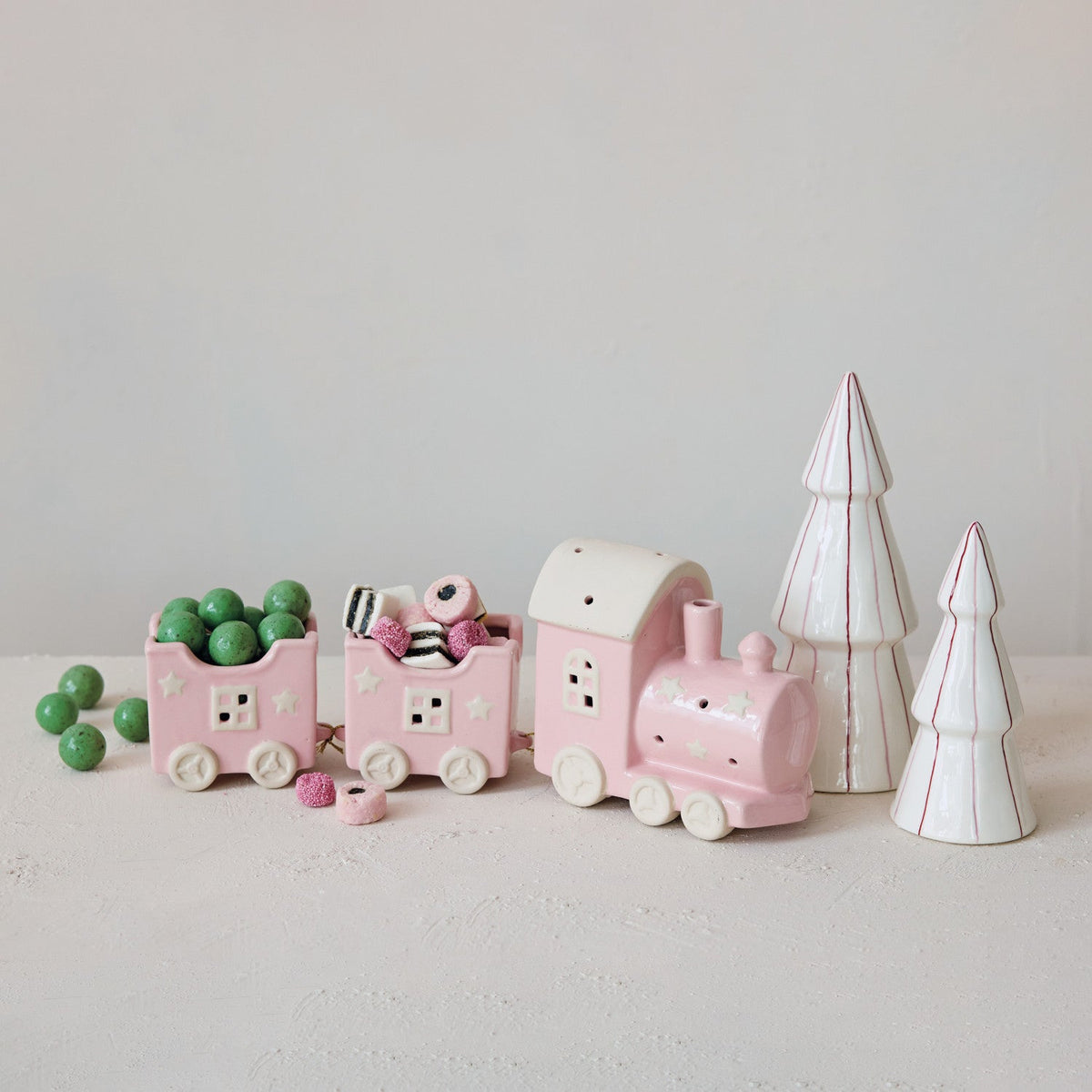 Pink & White Hand-Painted Embossed Stoneware Train