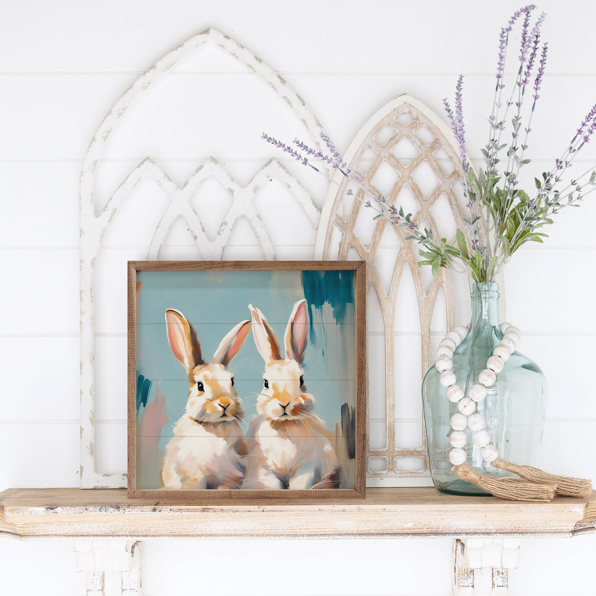 Bunny Pair Bunch Of Carrots Whitewash Wood Art