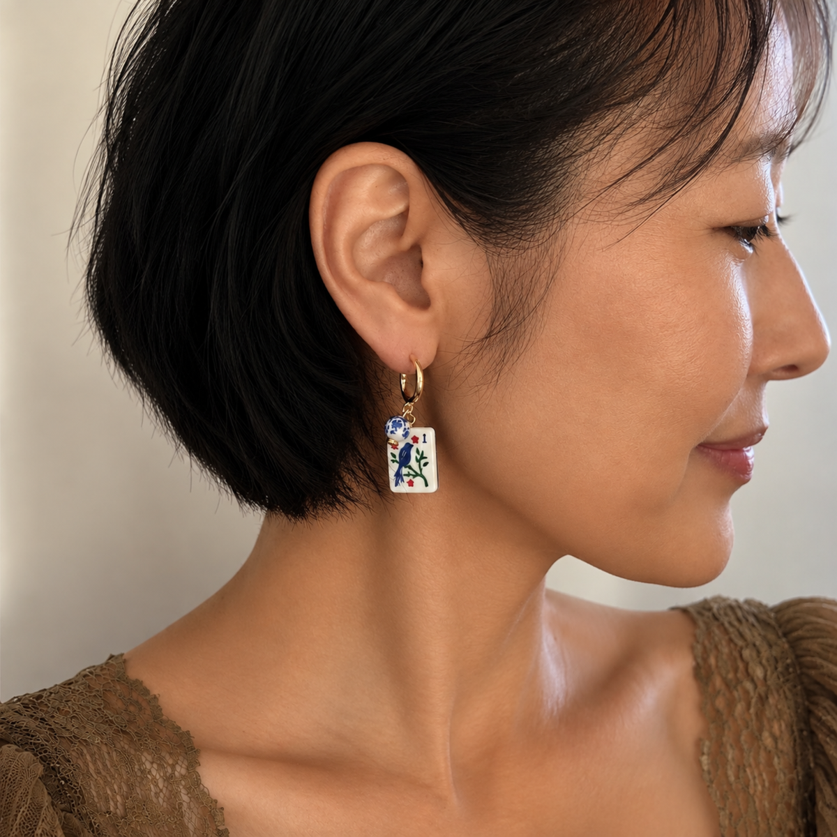 Jade Bamboo Mahjong Tile Charm Hoop Earrings