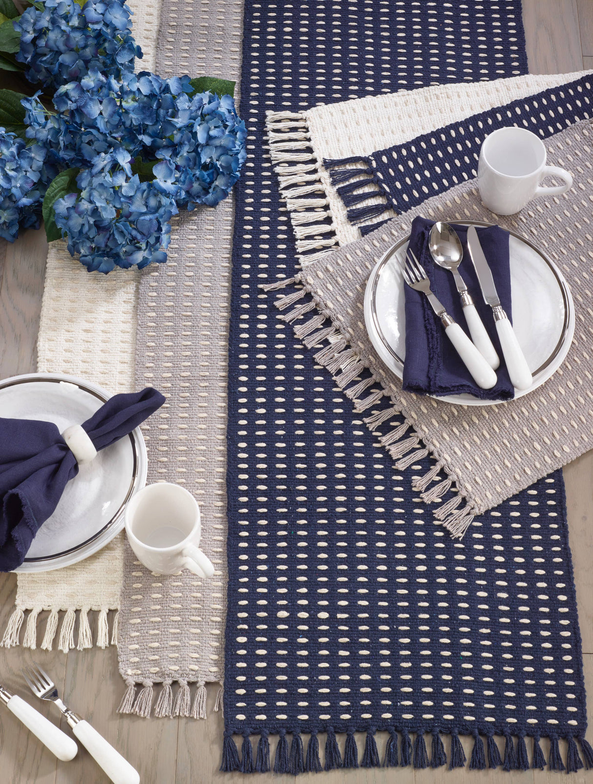 72" Navy Dashed Woven Table Runner