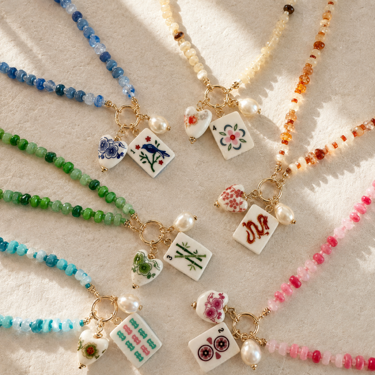 Sunset Dragon Mahjong Tile Charm Beaded Necklace