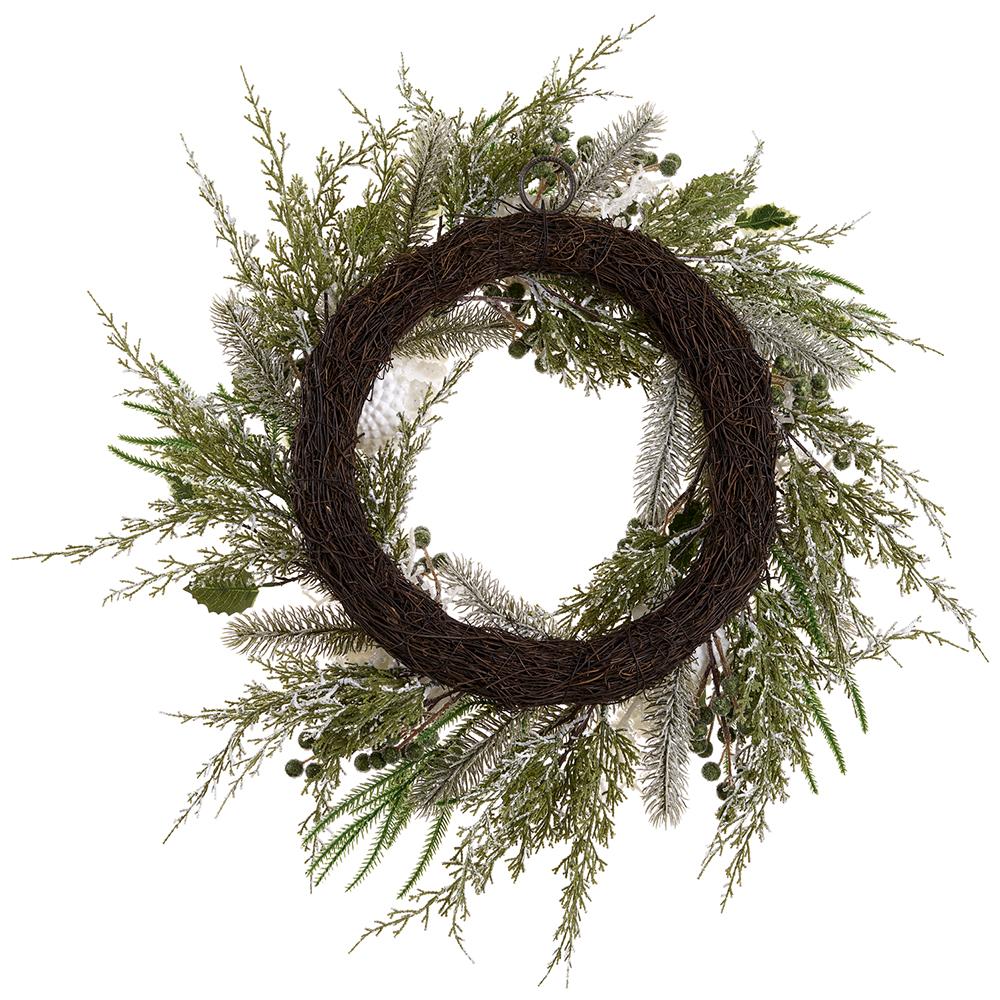 24" Iced Pinecone Holly Pine Wreath