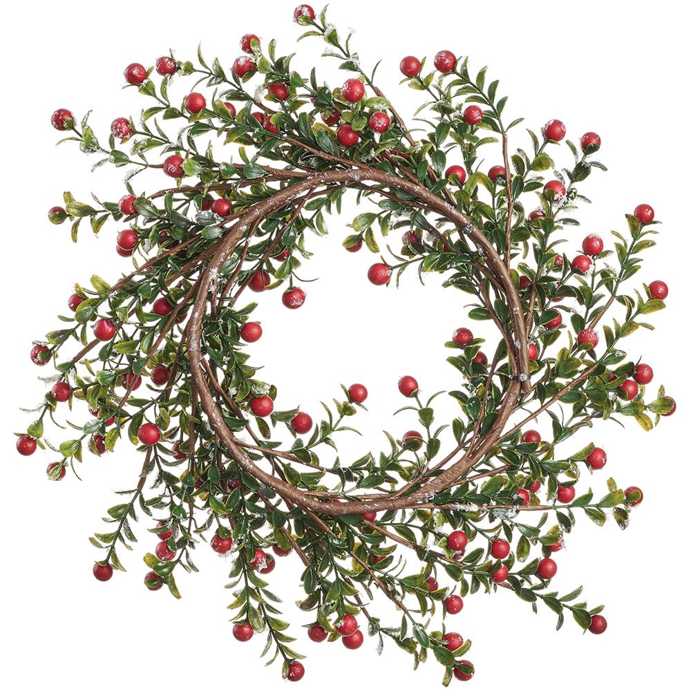 Close-up of red snowed berry wreath detail from Magnolias Home Decor