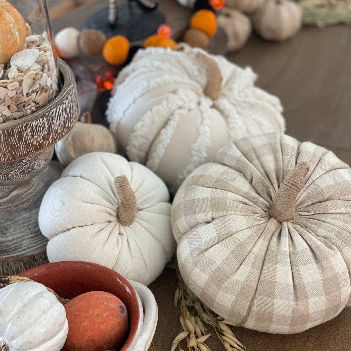 Large Tan Check Fall Fabric Pumpkin