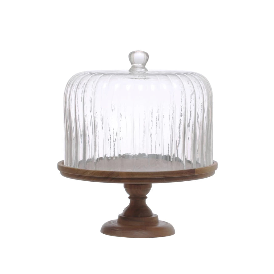 Acacia Wood Pedestal with Fluted Glass Cloche