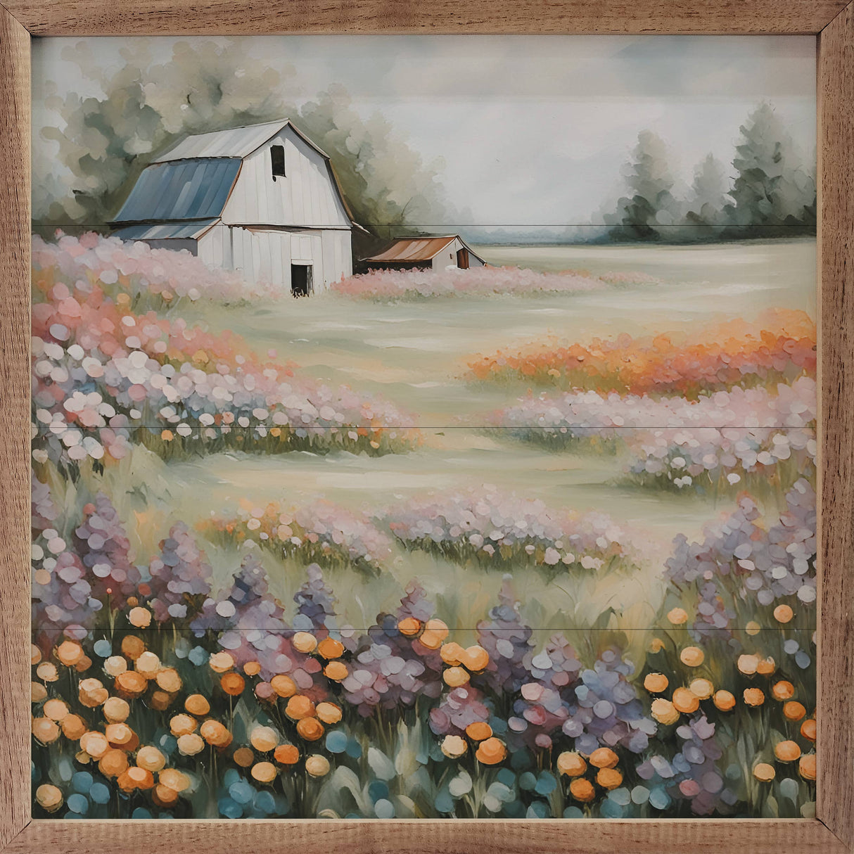 White Barn In Flower Field Wood Art