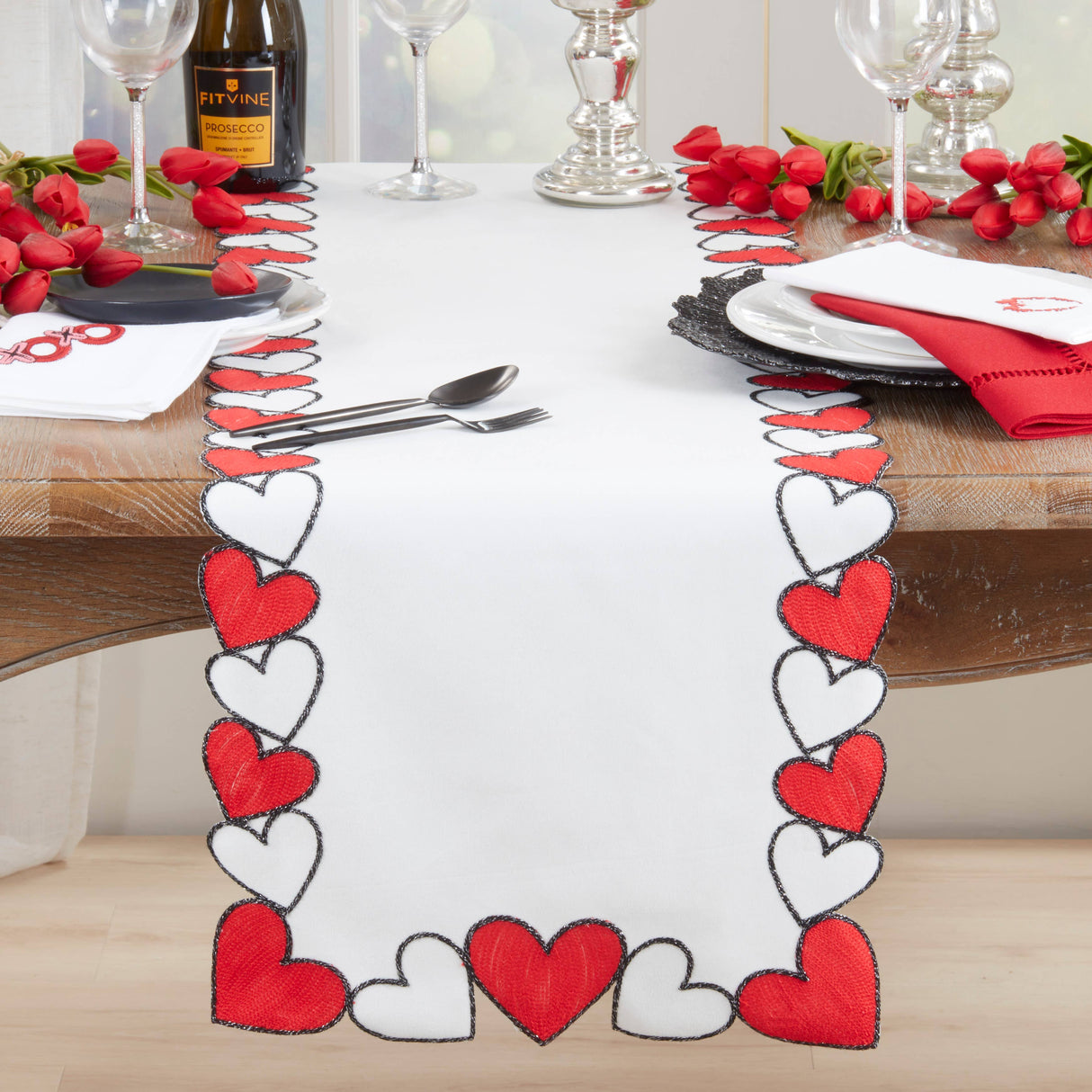 Embroidered Hearts Table Runner