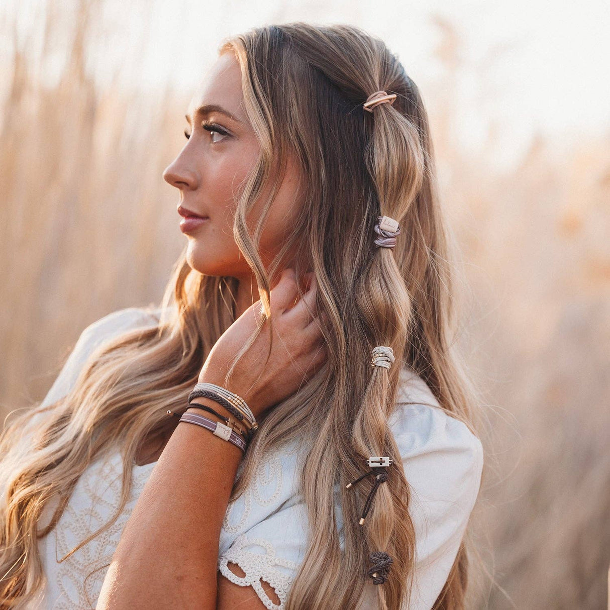 Faith Warm Neutrals & Gold Cross Hair Tie Bracelet Set