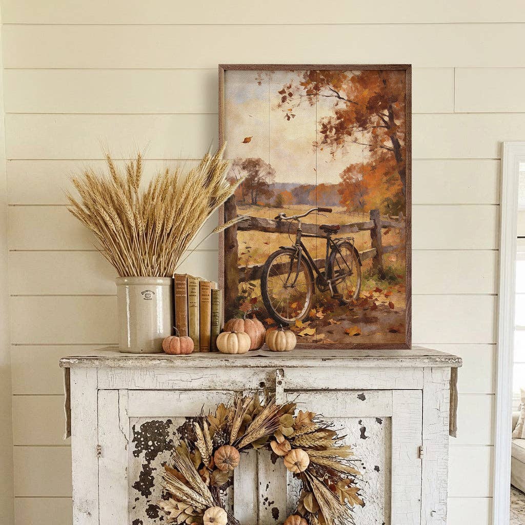 Autumn Bicycle With Country Fence Wood Art