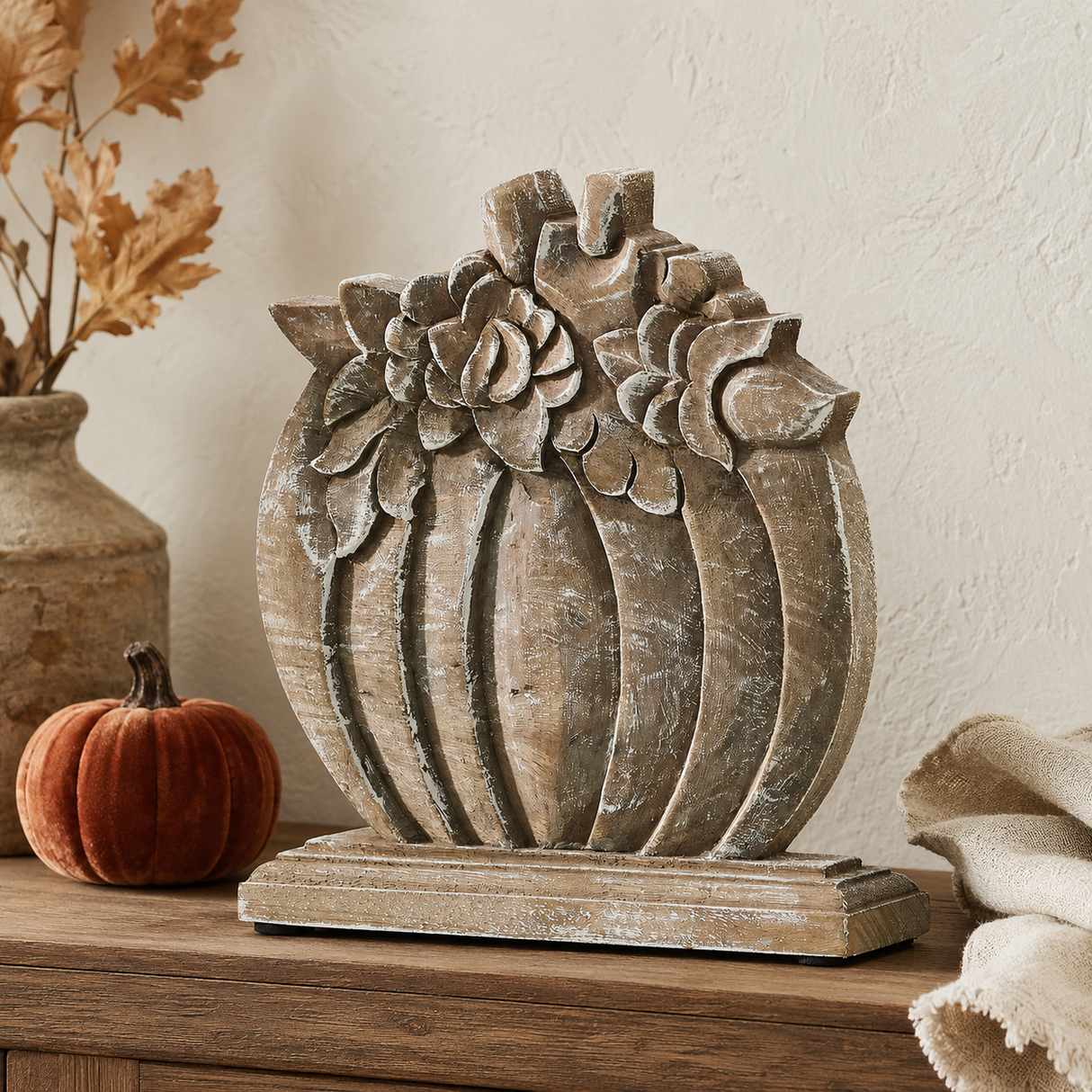 Mango Wood Floral Pumpkin Fall Decor