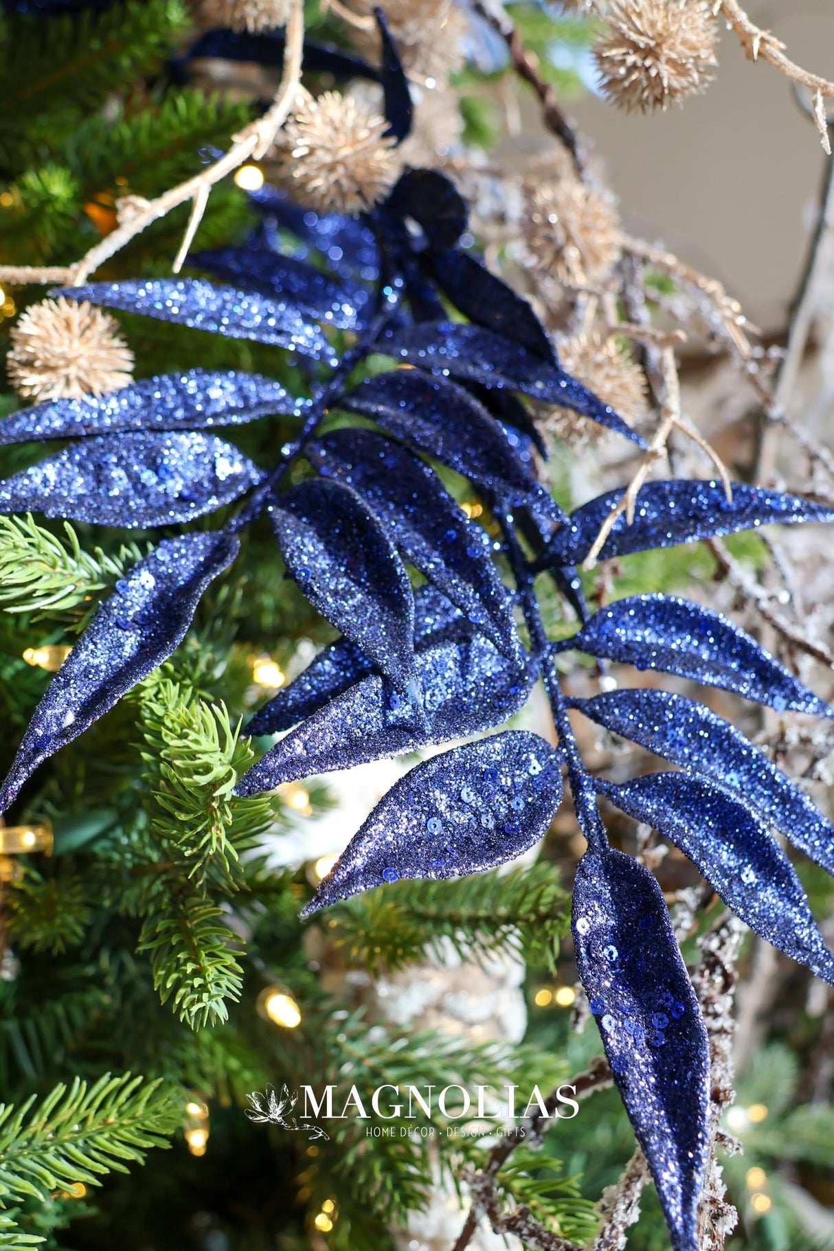 Midnight Blue Glitter Leaf Spray