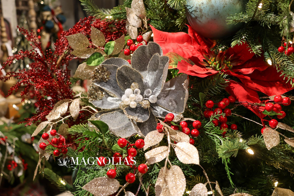 Blue Grey Glitter Magnolia Stem