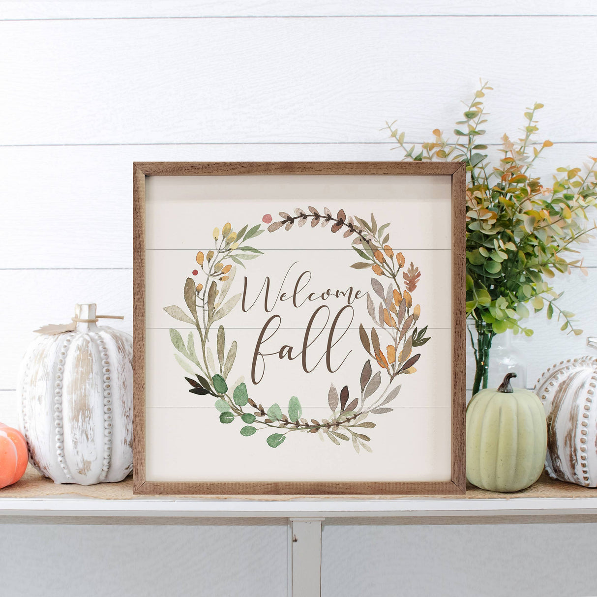 Welcome Fall Wreath White Wood Art