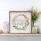 Welcome Fall Wreath White Wood Art