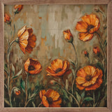 Orange Poppies Dark Grass Wood Art