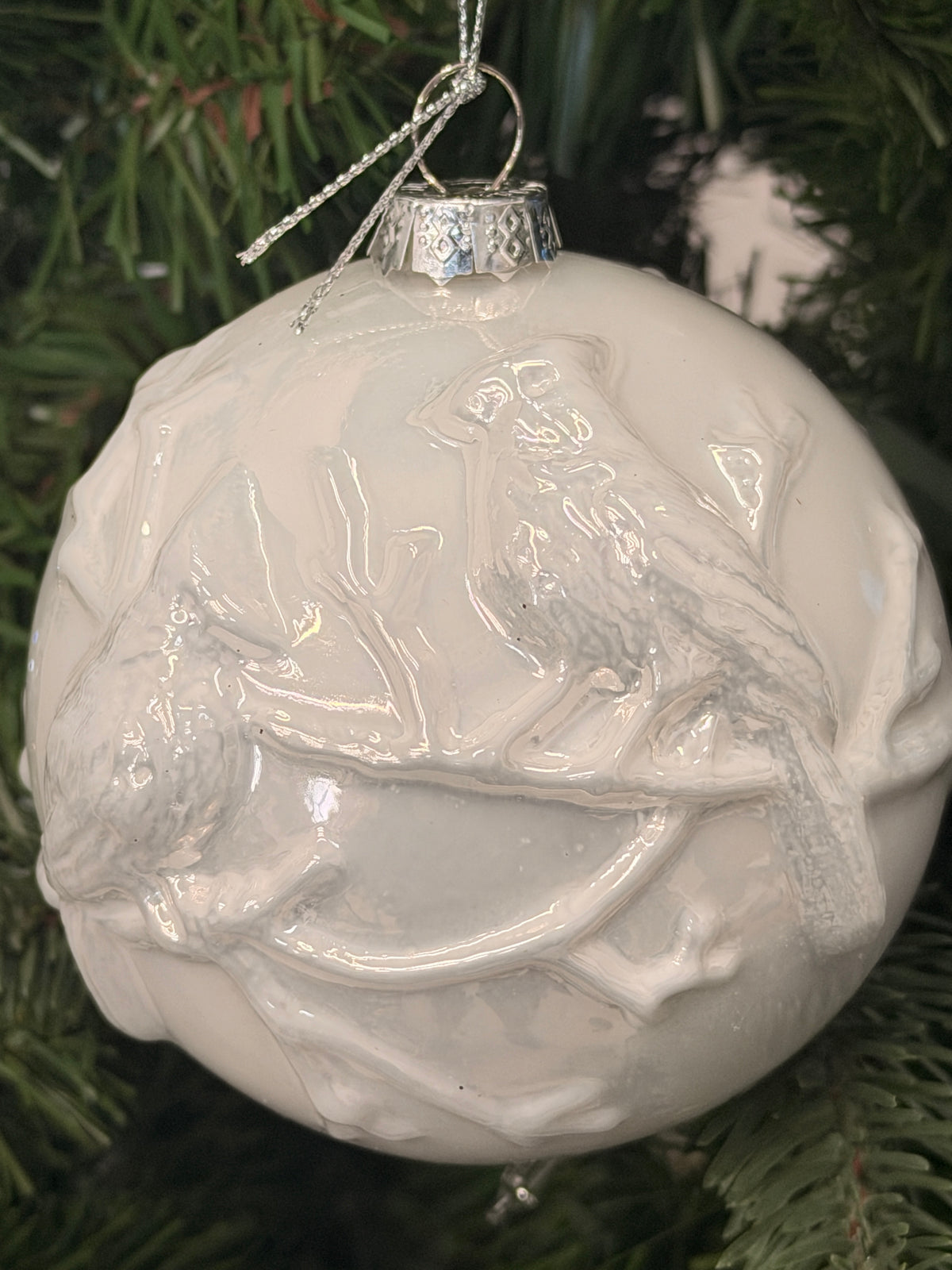 White Glass Cardinal Ball Ornament
