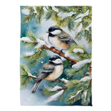 Close-up of winter chickadee friends suede garden flag detail from Magnolias Home Decor