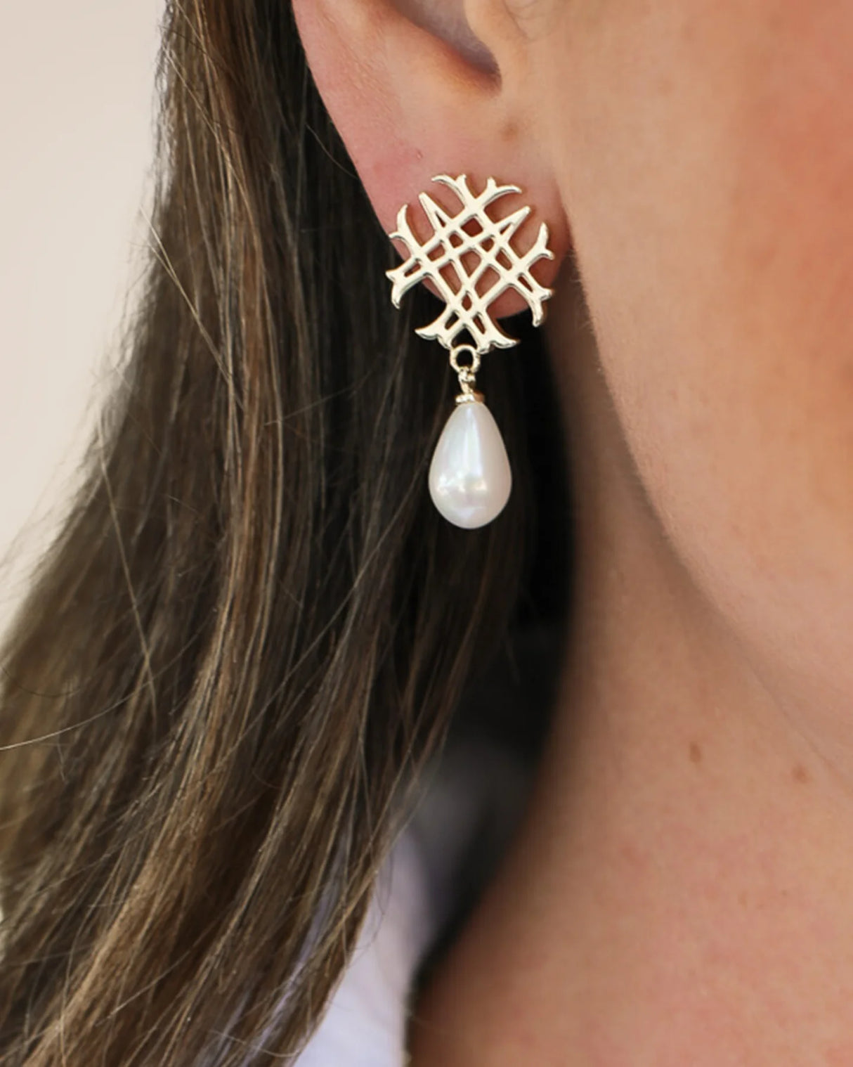 Adorned Logo Pearl Drop Earrings in Gold