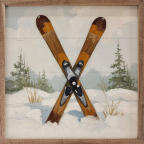 Skis In The Snowy Pines Wood Art
