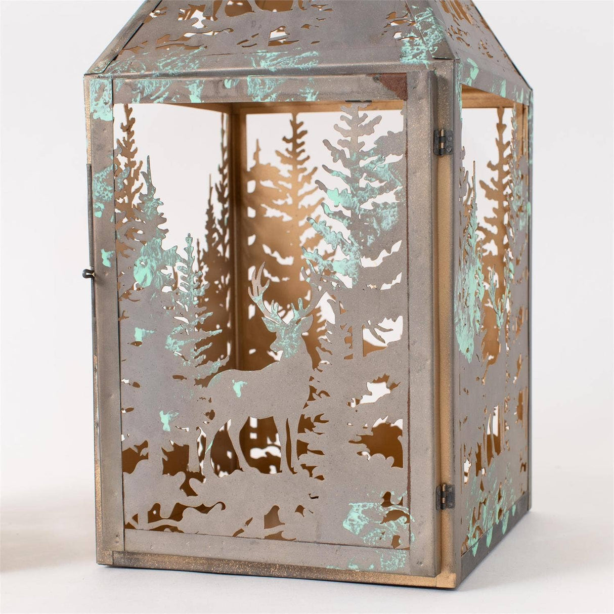 Woodland deer antiqued metal lantern view 4 from Magnolias Home Decor