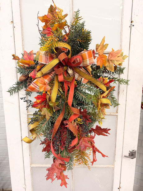 Silk floral rust orange loving fall teardrop swag 37 inch handmade for farmhouse traditional fall home decor from Magnolias Home Decor