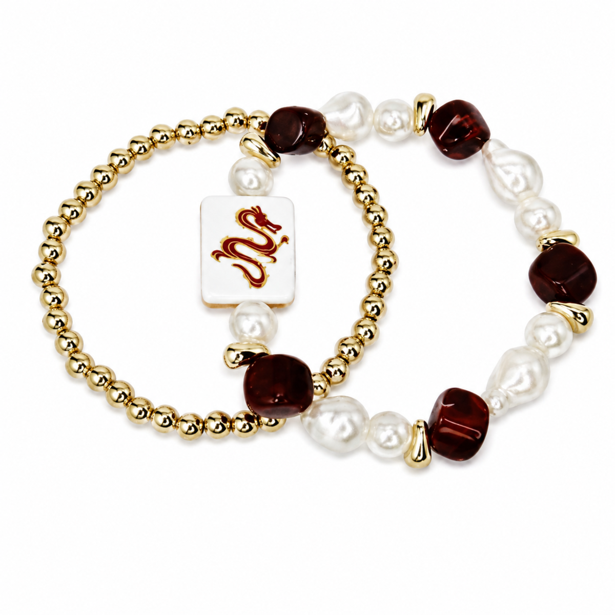Sunset Dragon Mahjong Tile Beaded Bracelet, 2-Piece Set