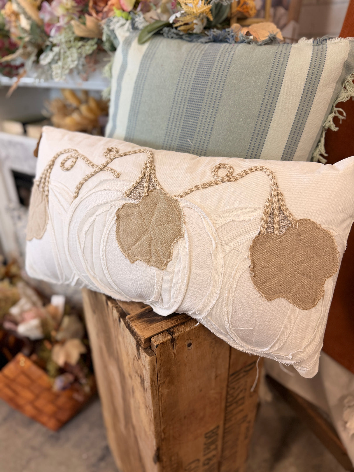 Lumbar White Pumpkin Applique Pillow