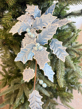 Silver Blue Glitter Sequin Holly Spray