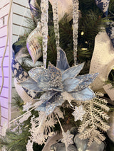 Silver Blue Glitter Sequin Velvet Poinsettia Stem