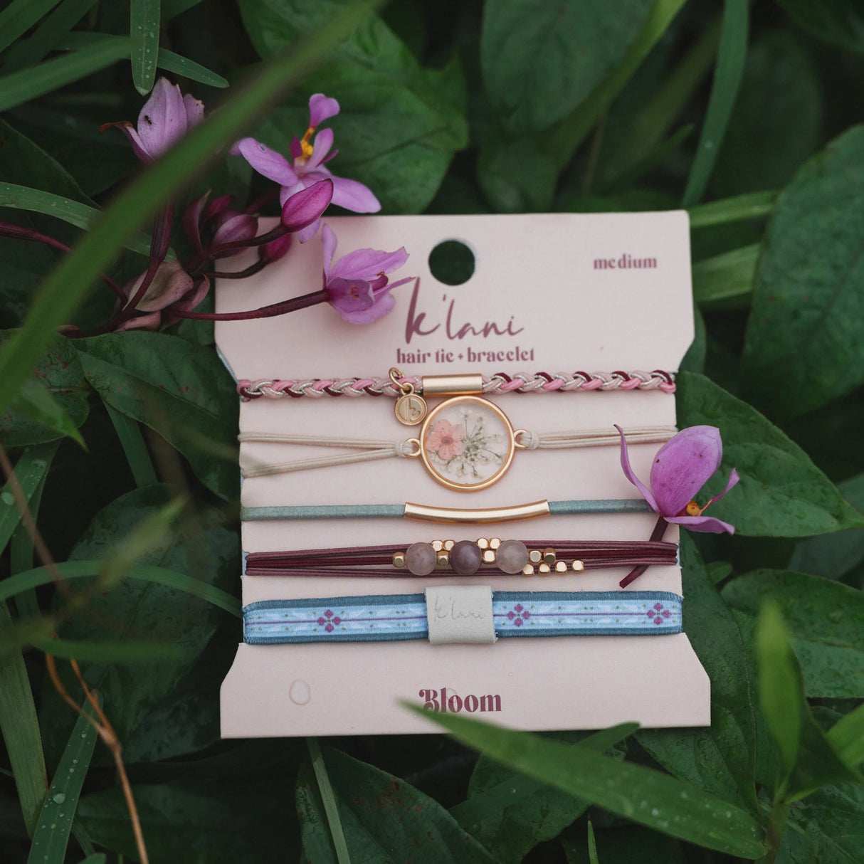 Bloom Maroon & Pink Pressed Flowers Hair Tie Bracelet Set