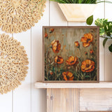 Orange Poppies Dark Grass Wood Art