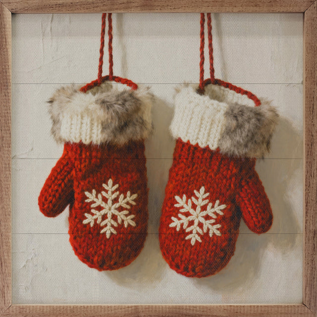 Red Mittens With Snowflakes Wood Art