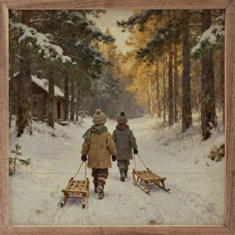 Two Kids Walking With Sled Wood Art